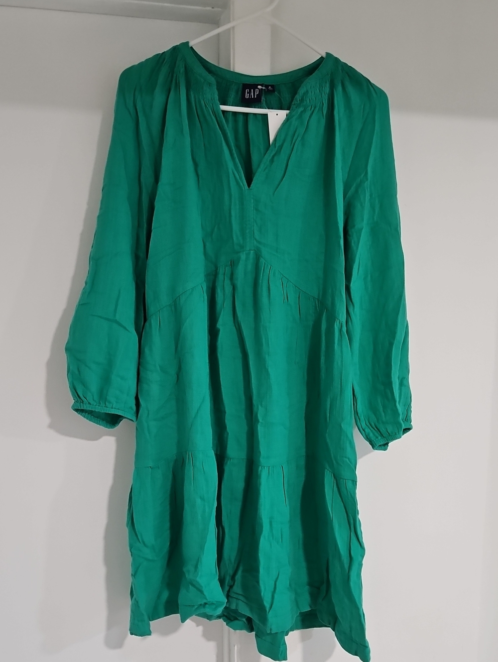 GAP Emerald Green V-Neck Long Sleeve Tiered Dress